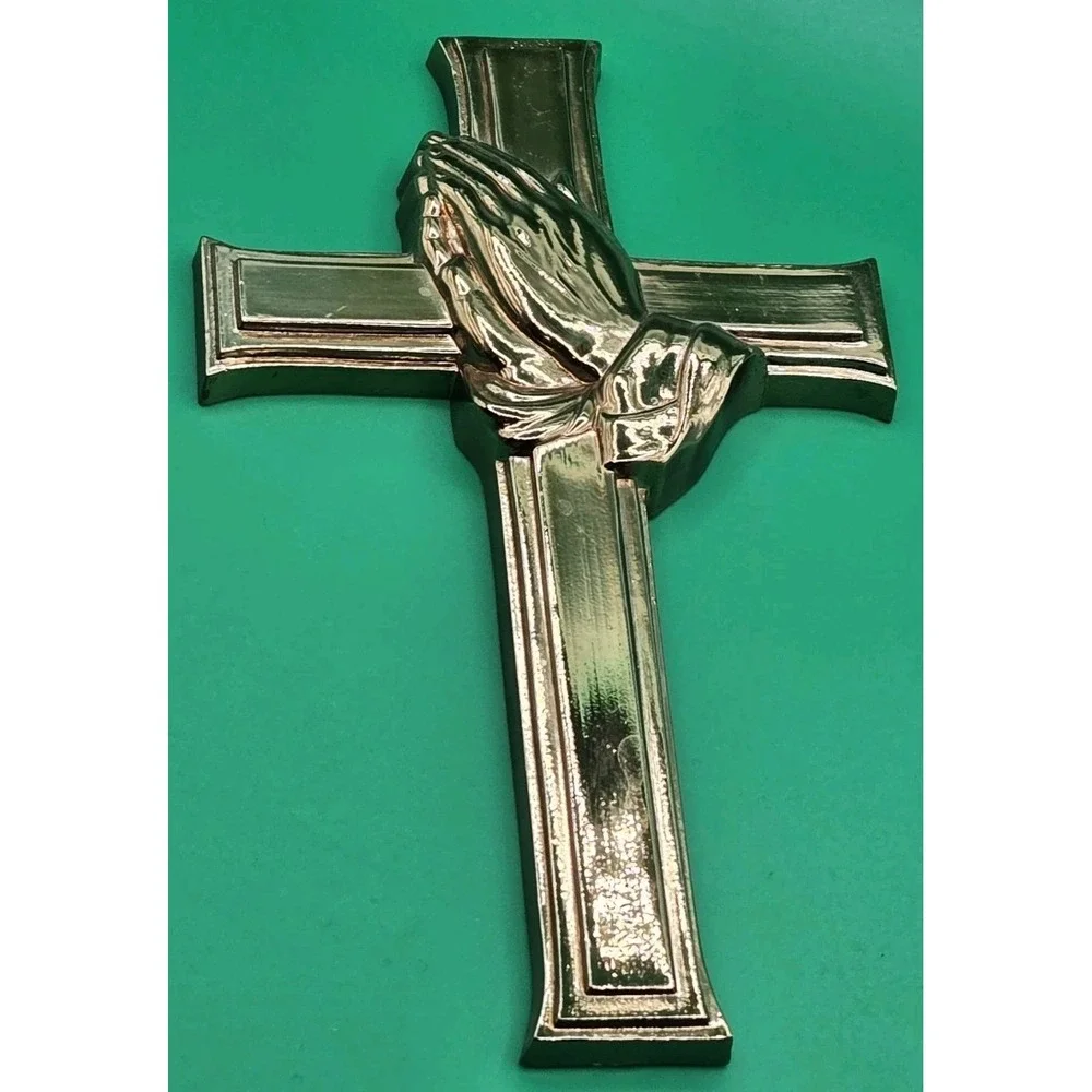 Vtg MCM Gold Tone Plastic Praying Hands Wall Hanging Cross Religious Jesus‎
